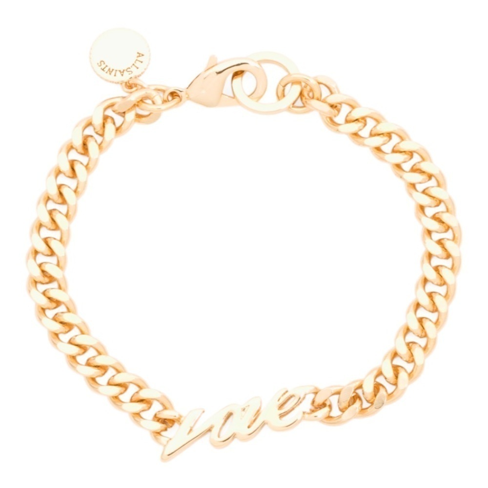 AllSaints Gold Tone Brass Love Script Curb Link Chain Bracelet‎